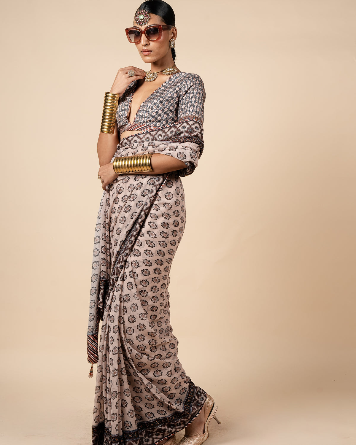 Blush Nugrey Printed Sari Set