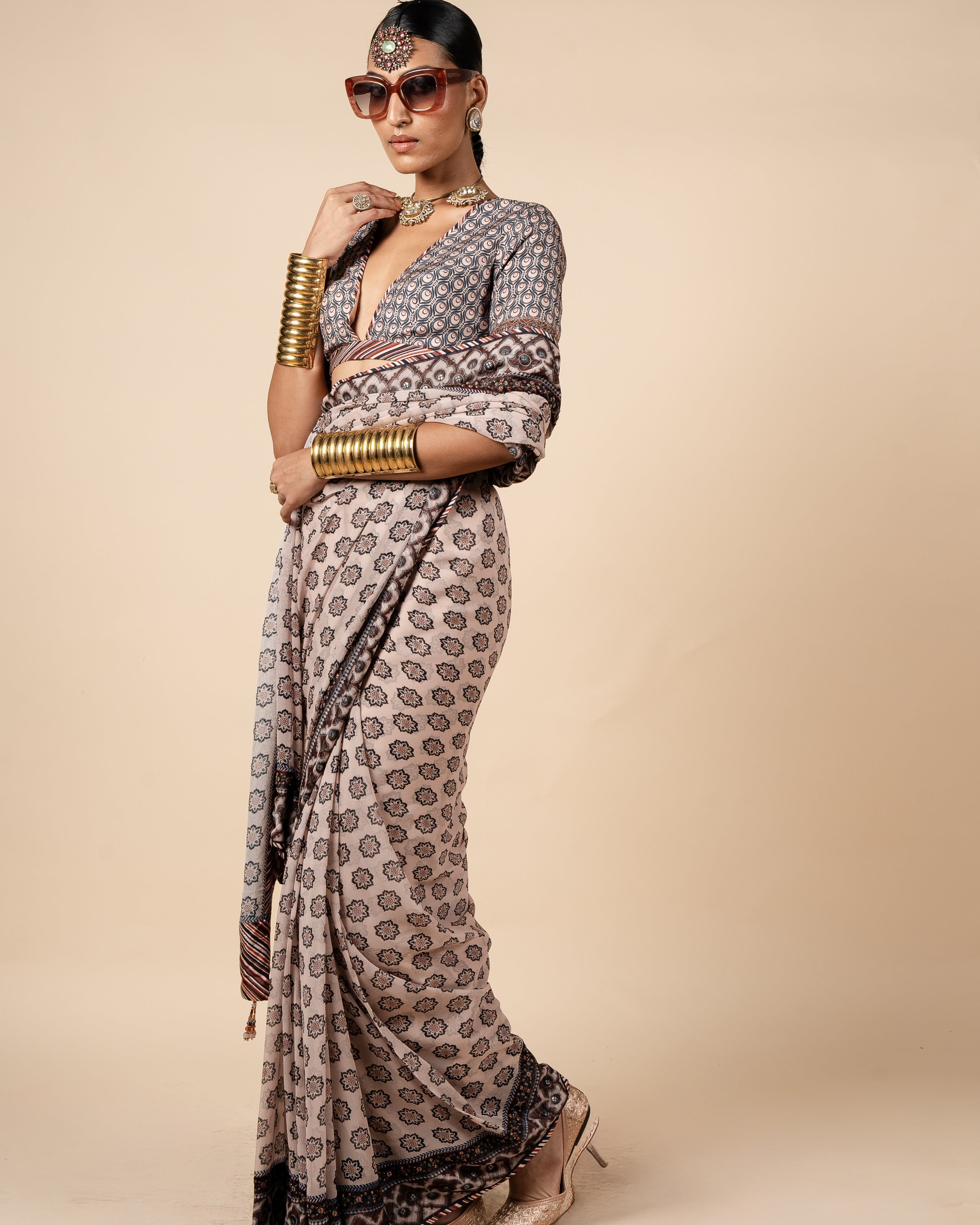 Blush Nugrey Printed Sari Set