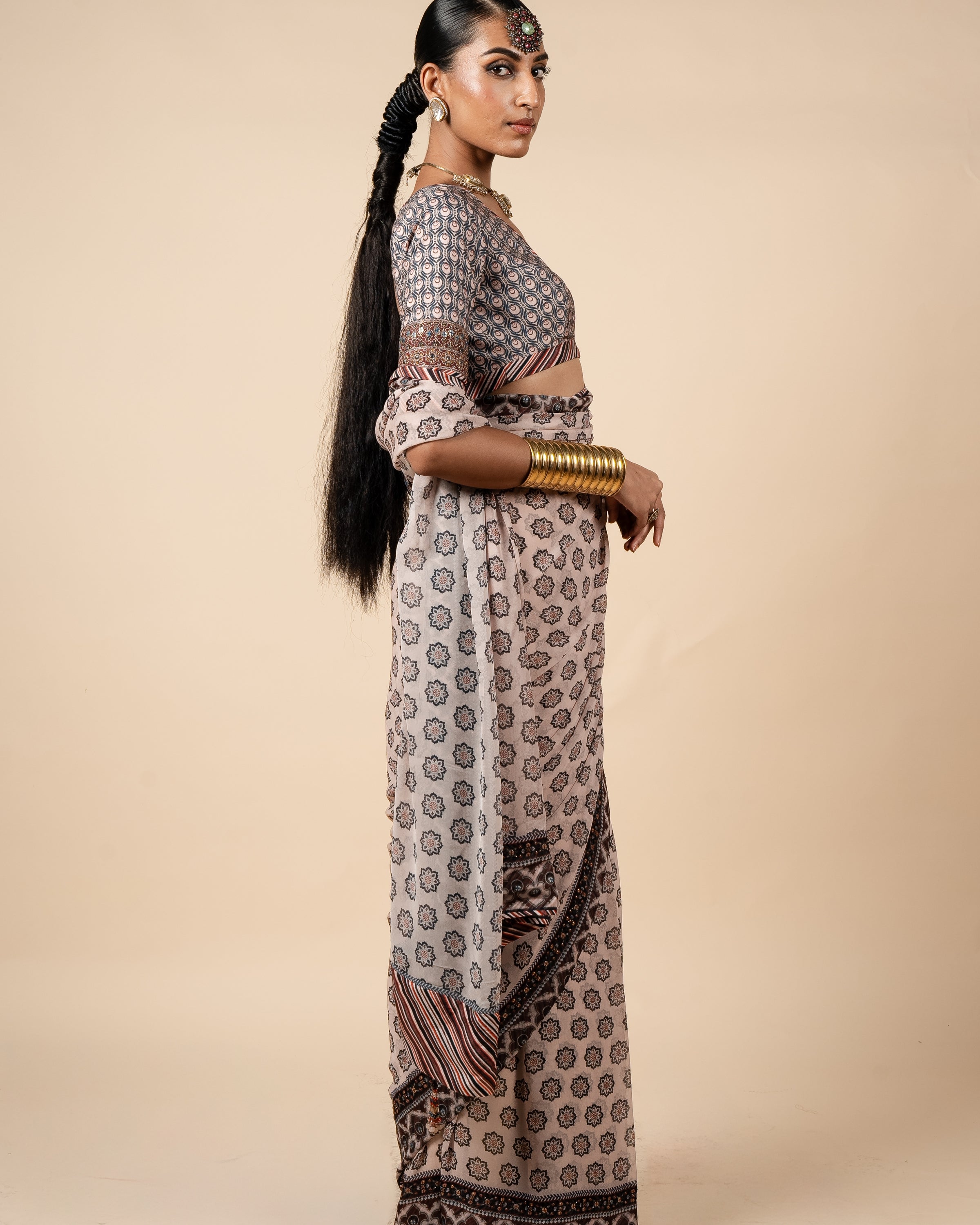 Blush Nugrey Printed Sari Set