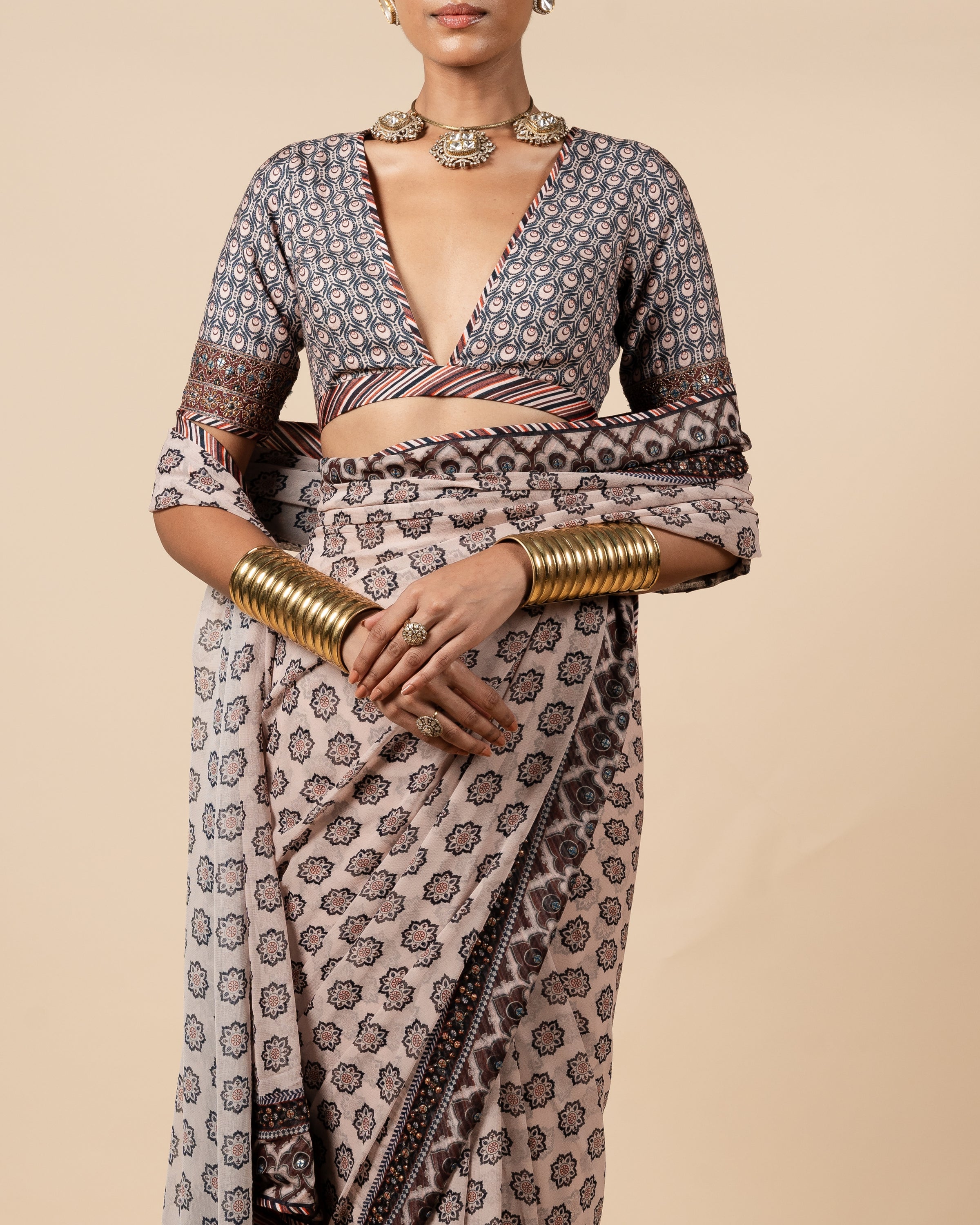 Blush Nugrey Printed Sari Set