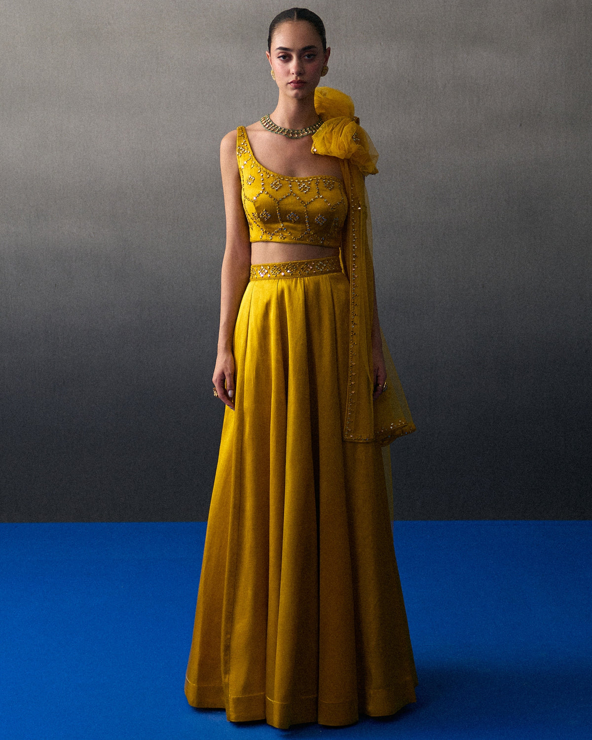 Mustard Satin Silk Festive Lehenga Set