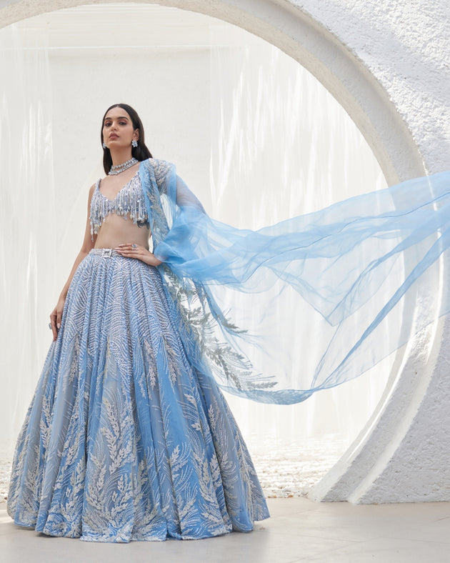 Buy Blue Chiffon Mirror Work Cape with Skirt and Bralette by