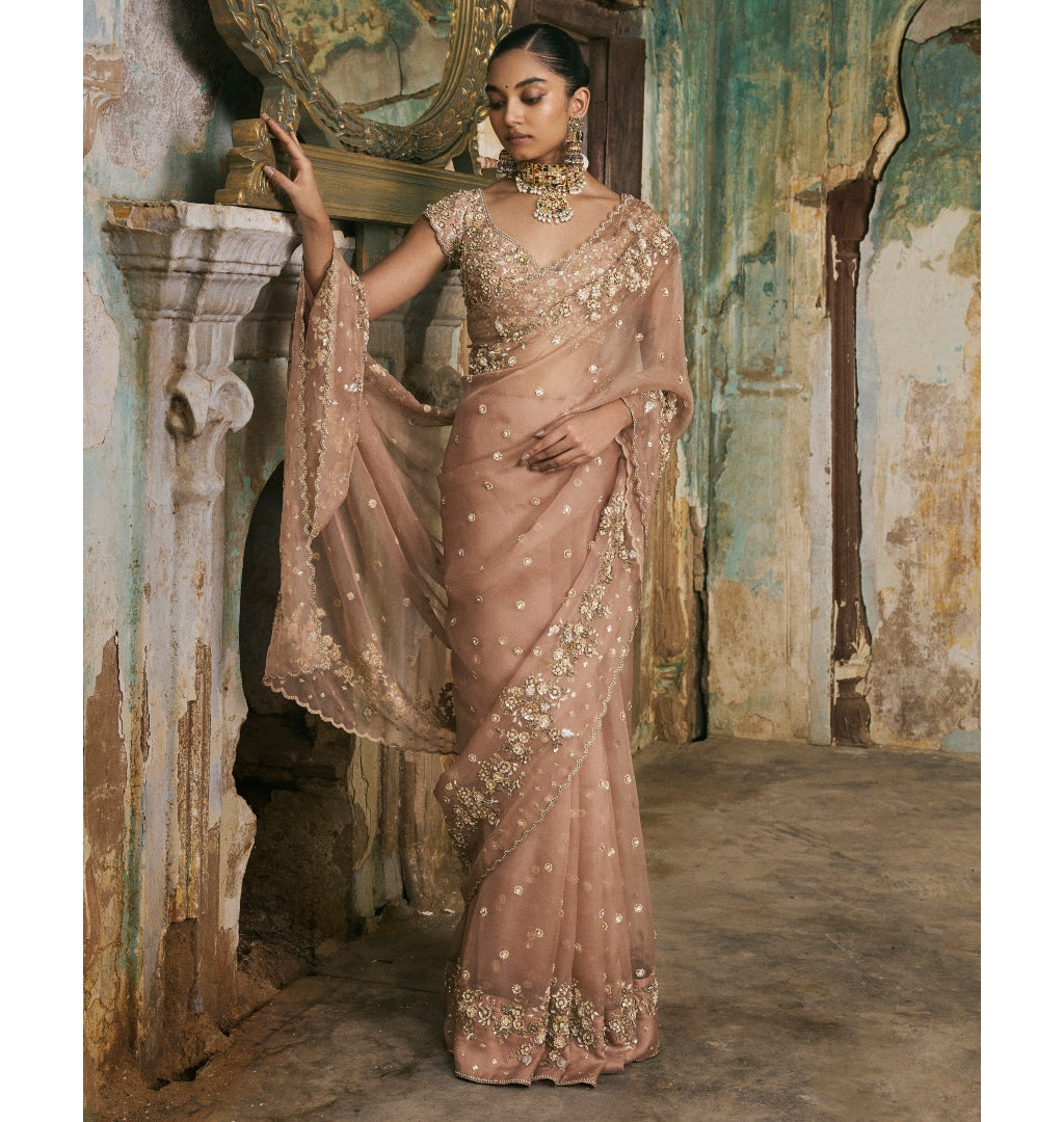 Old Rose Sequin And Moti Work Sari Set