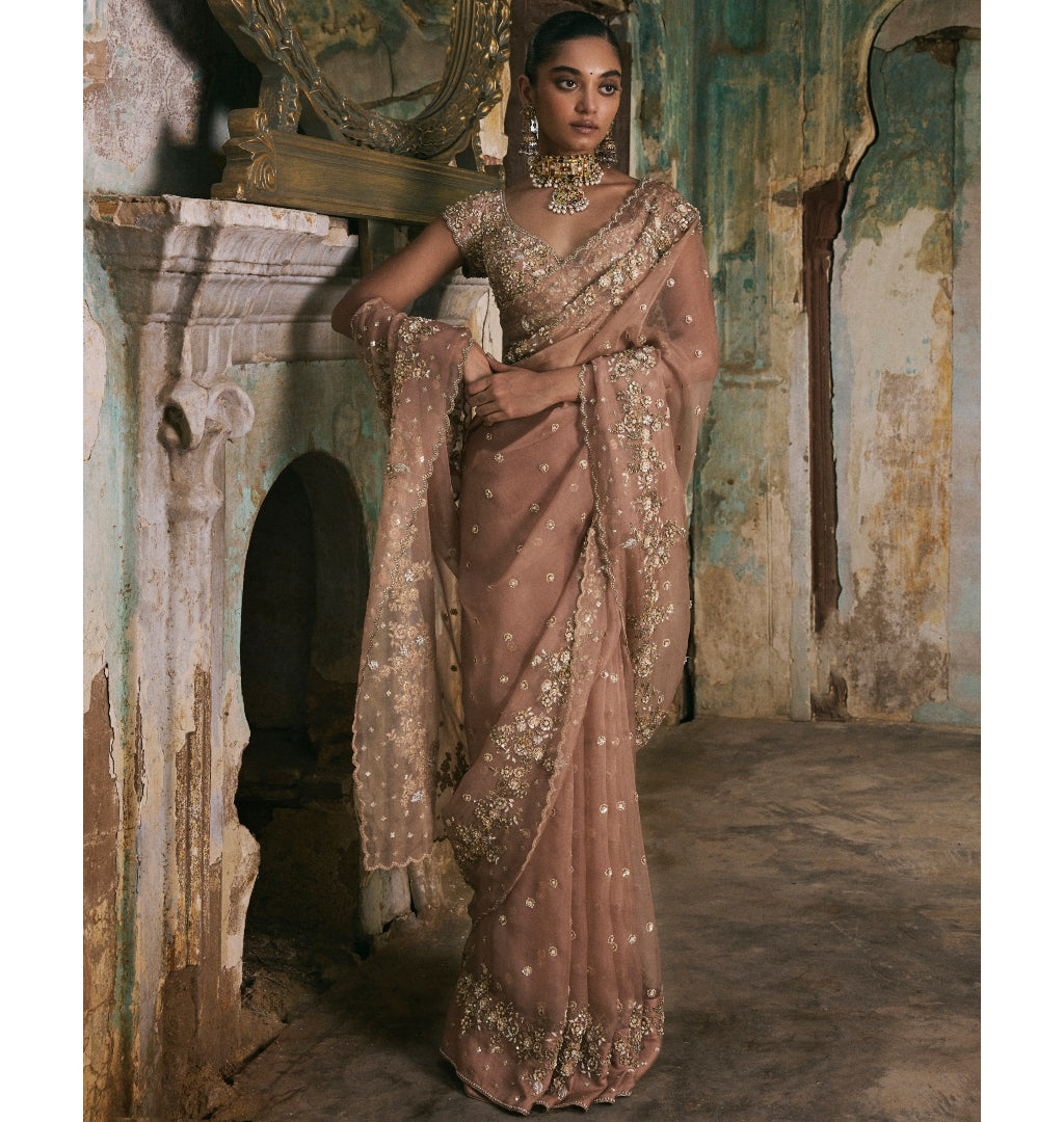 Old Rose Sequin And Moti Work Sari Set