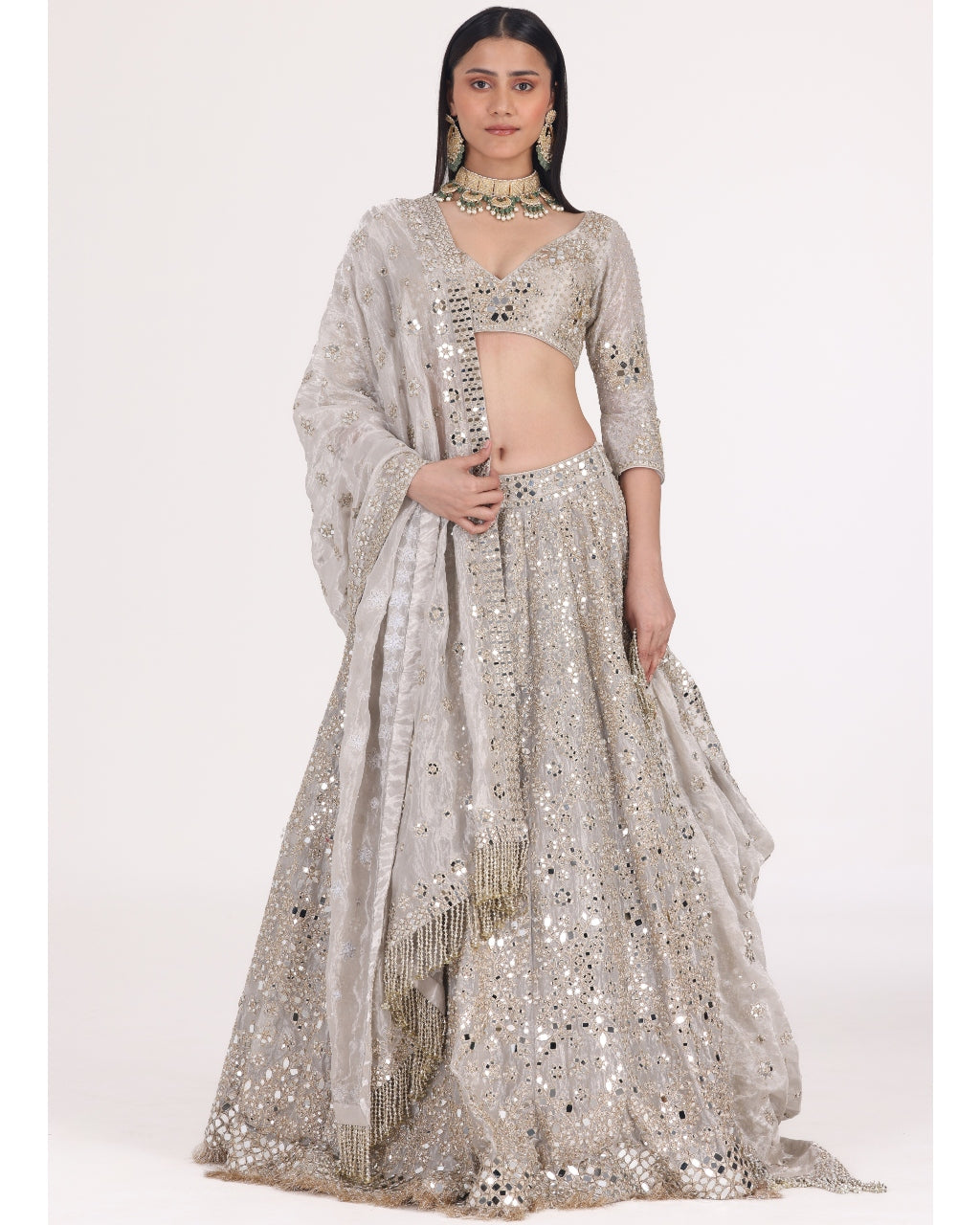 Silver Tissue Embellished Lehenga Set