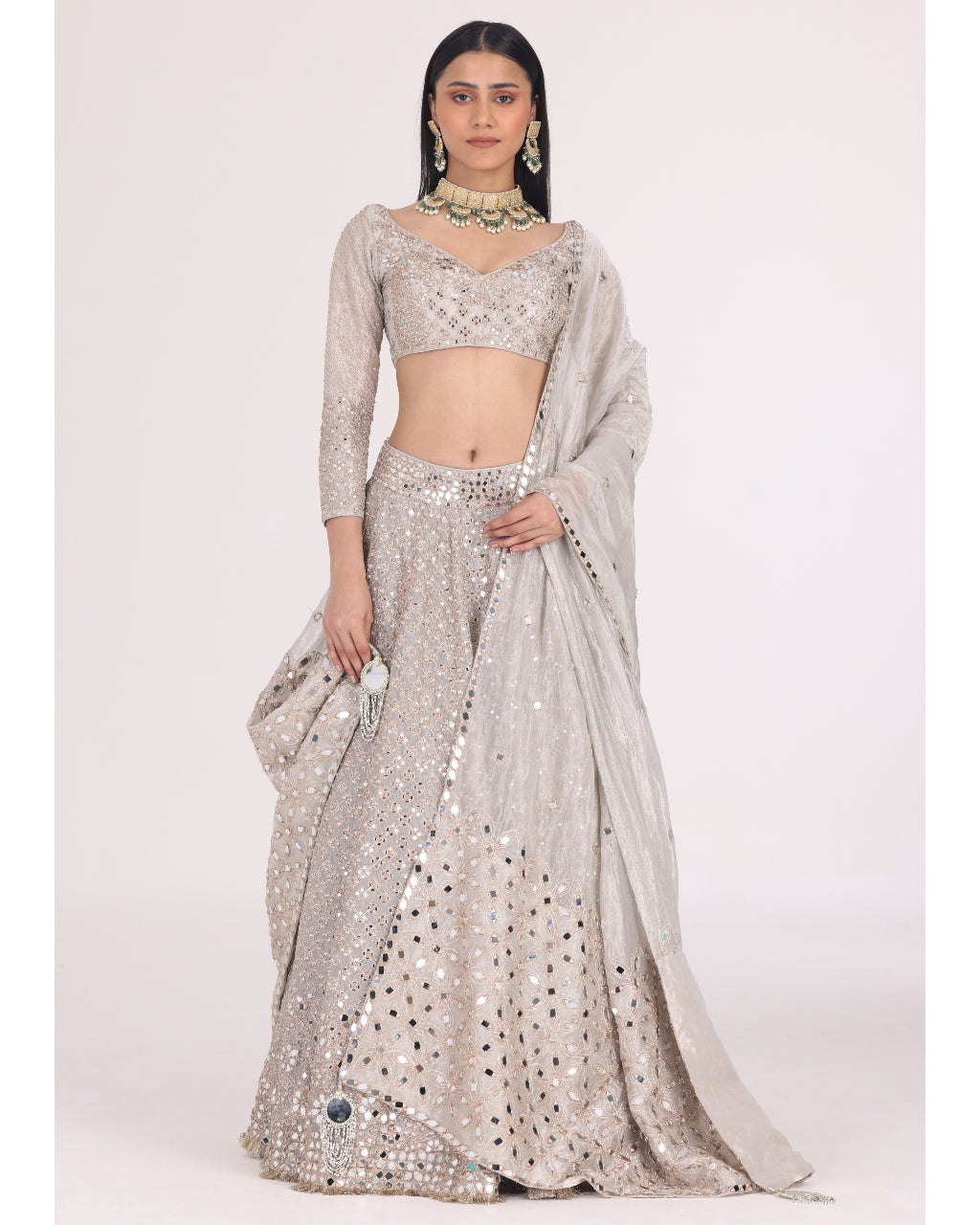 Silver Tissue Pattern Embellished Lehenga Set