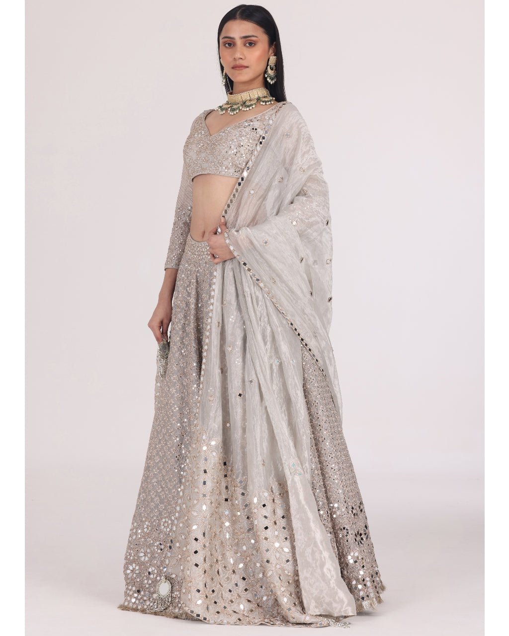 Silver Tissue Pattern Embellished Lehenga Set