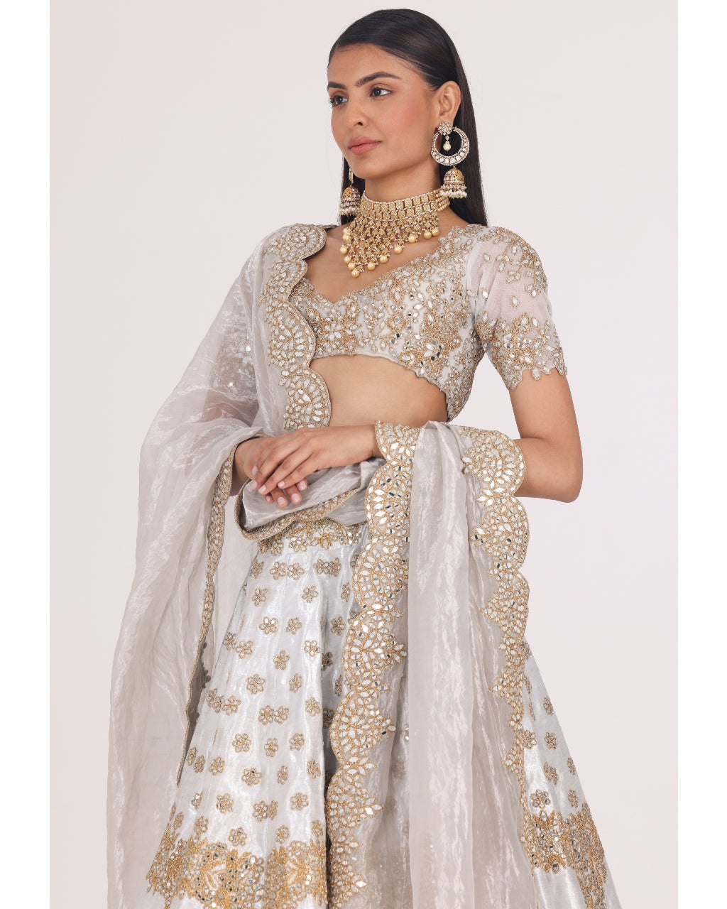 Silver Brocade Golden Embellished Lehenga Set