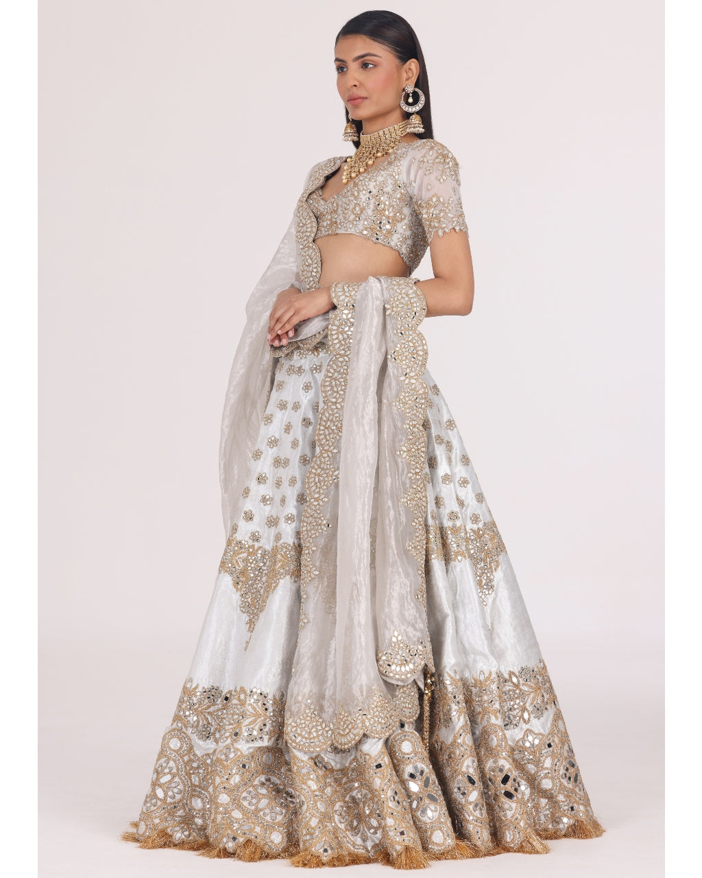 Silver Brocade Golden Embellished Lehenga Set