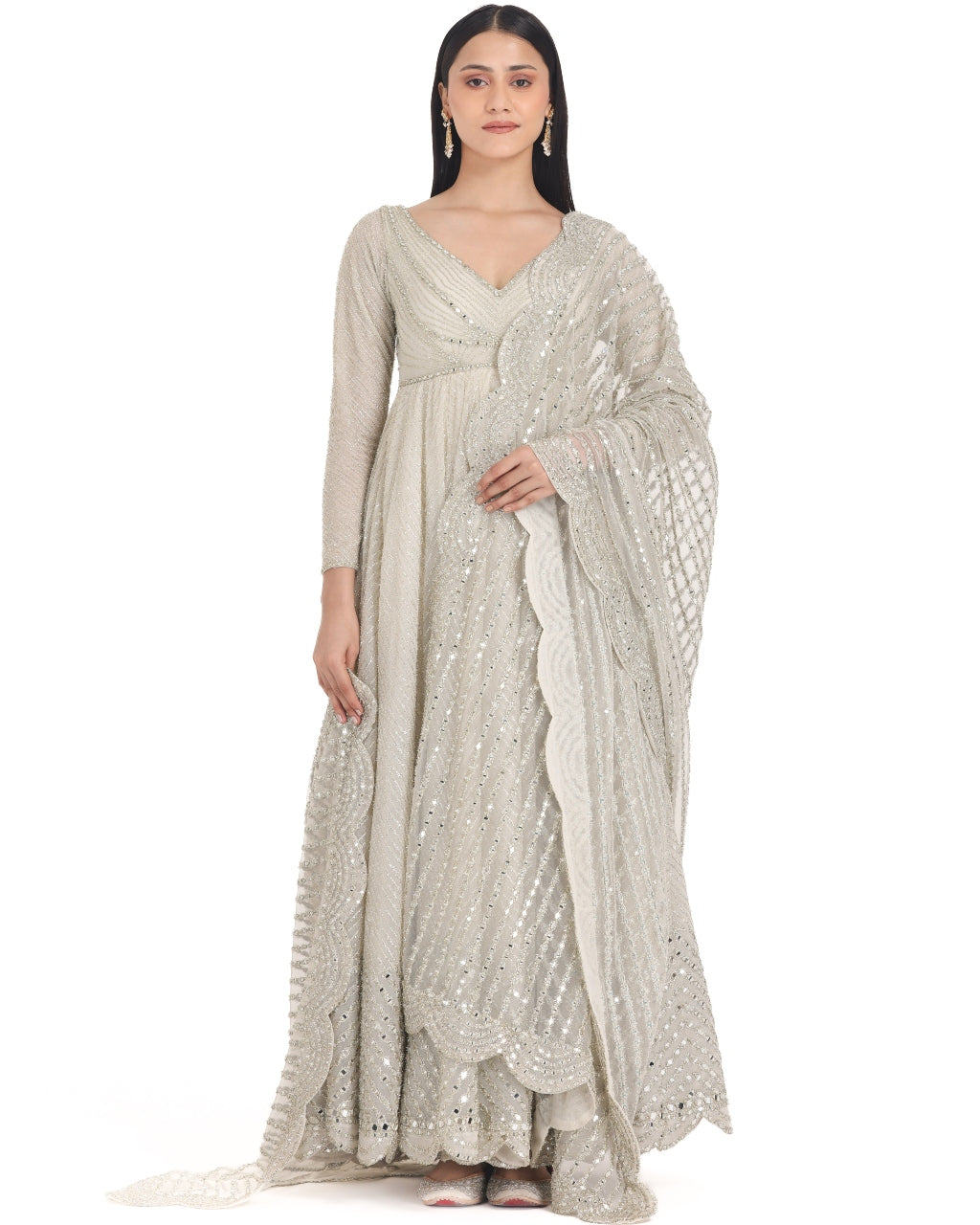 Ivory Anarkali With Scallop Dupatta