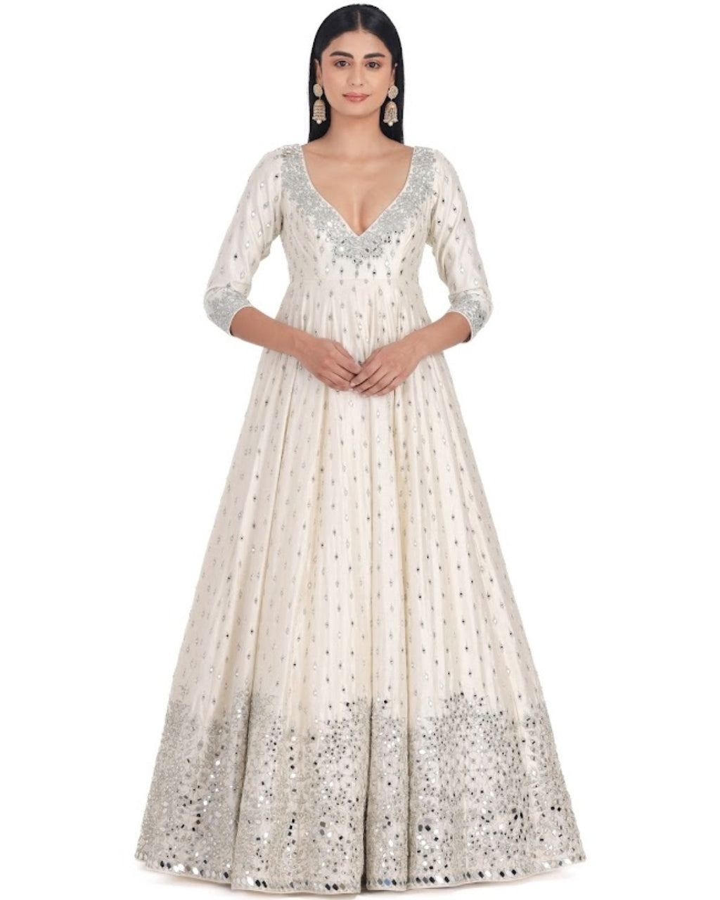 Ivory V-Neck Embroidered Anarkali Set