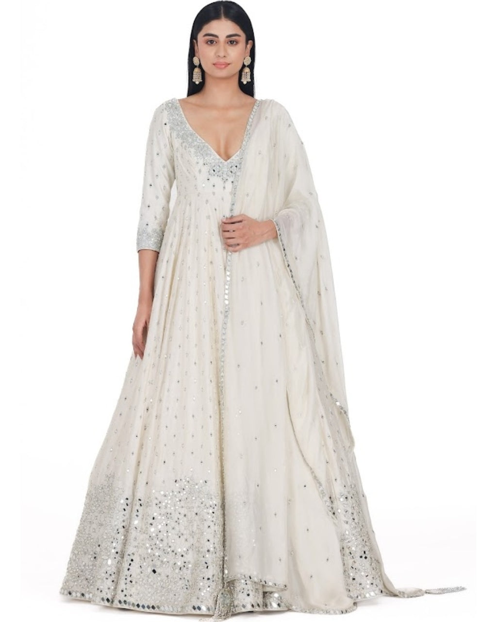 Ivory V-Neck Embroidered Anarkali Set