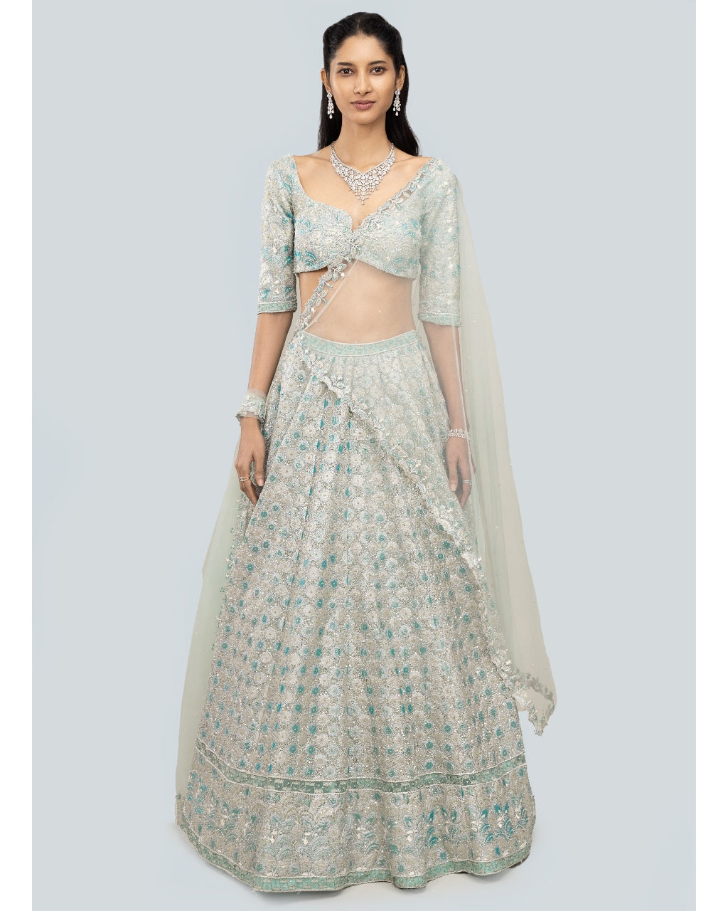 Powder Blue Tissue Applique Lehenga Set | Aisha Rao – KYNAH