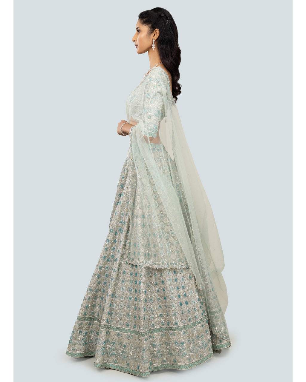 Powder Blue Tissue Applique Lehenga Set | Aisha Rao – KYNAH