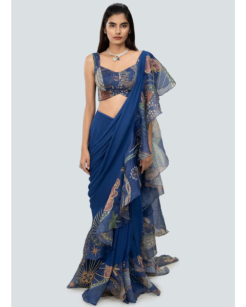 Navy Blue Georgette Ruffle Saree | Ruffle Saree with Blouse | Designer Ruffle  Saree | Ruffle Sarees | Georgette Sarees | Sarees | Buy Ruffle Sarees  Online | Ladyindia Fringed Sarees | Ruffle Sarees online shopping India –  Lady India