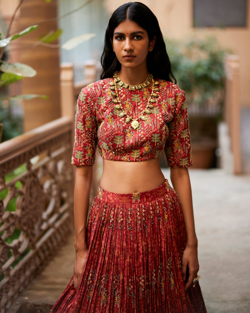 Rust Embroidered Highlighted Crop Top Set