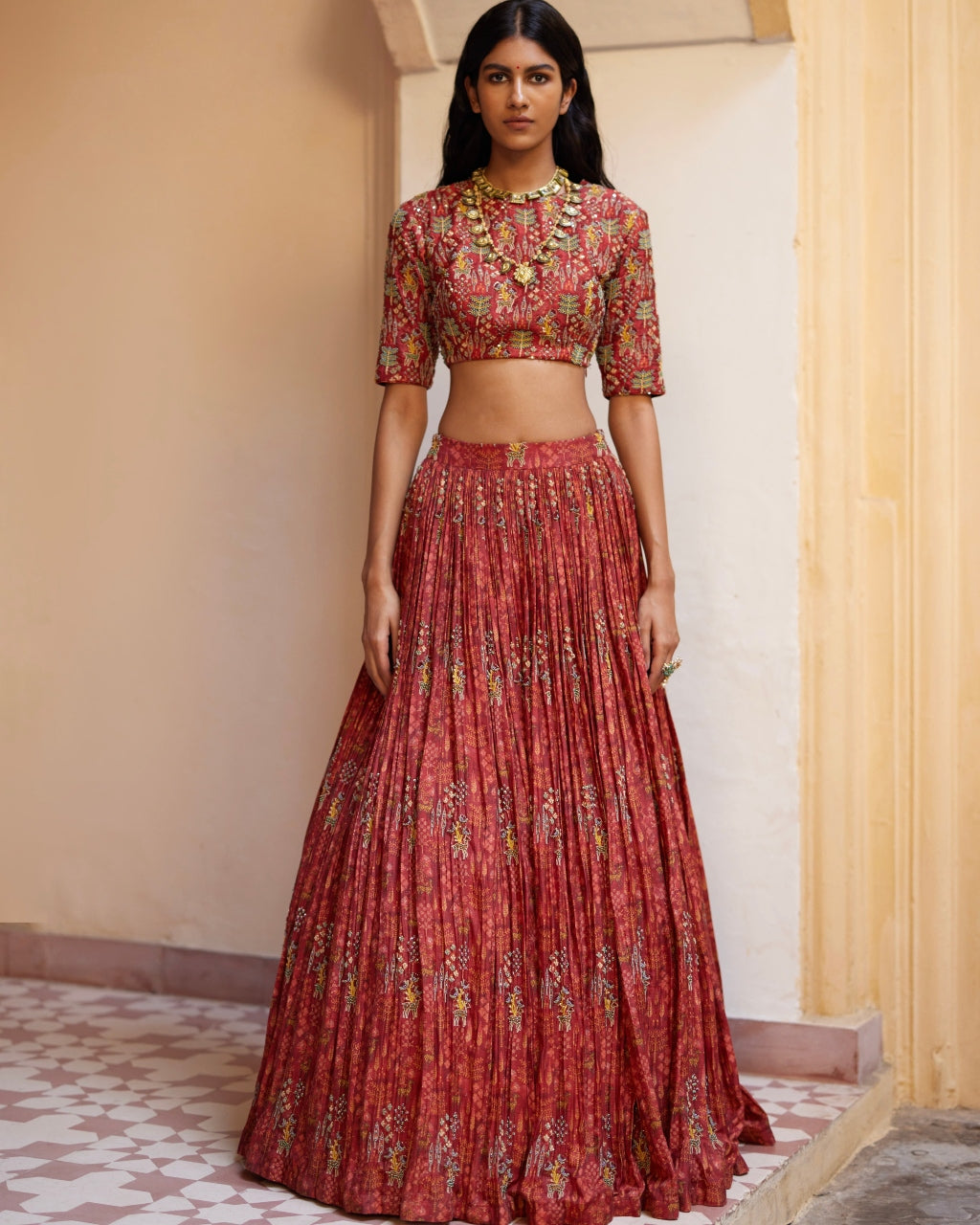 Rust Embroidered Highlighted Crop Top Set