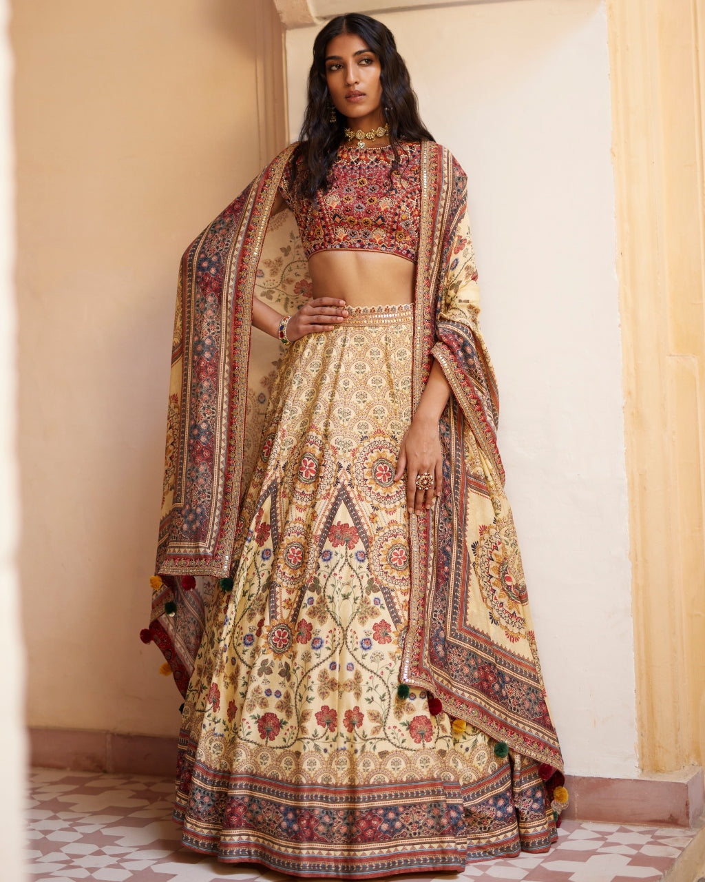 Rust Embroidered Paneled Lehengas Set