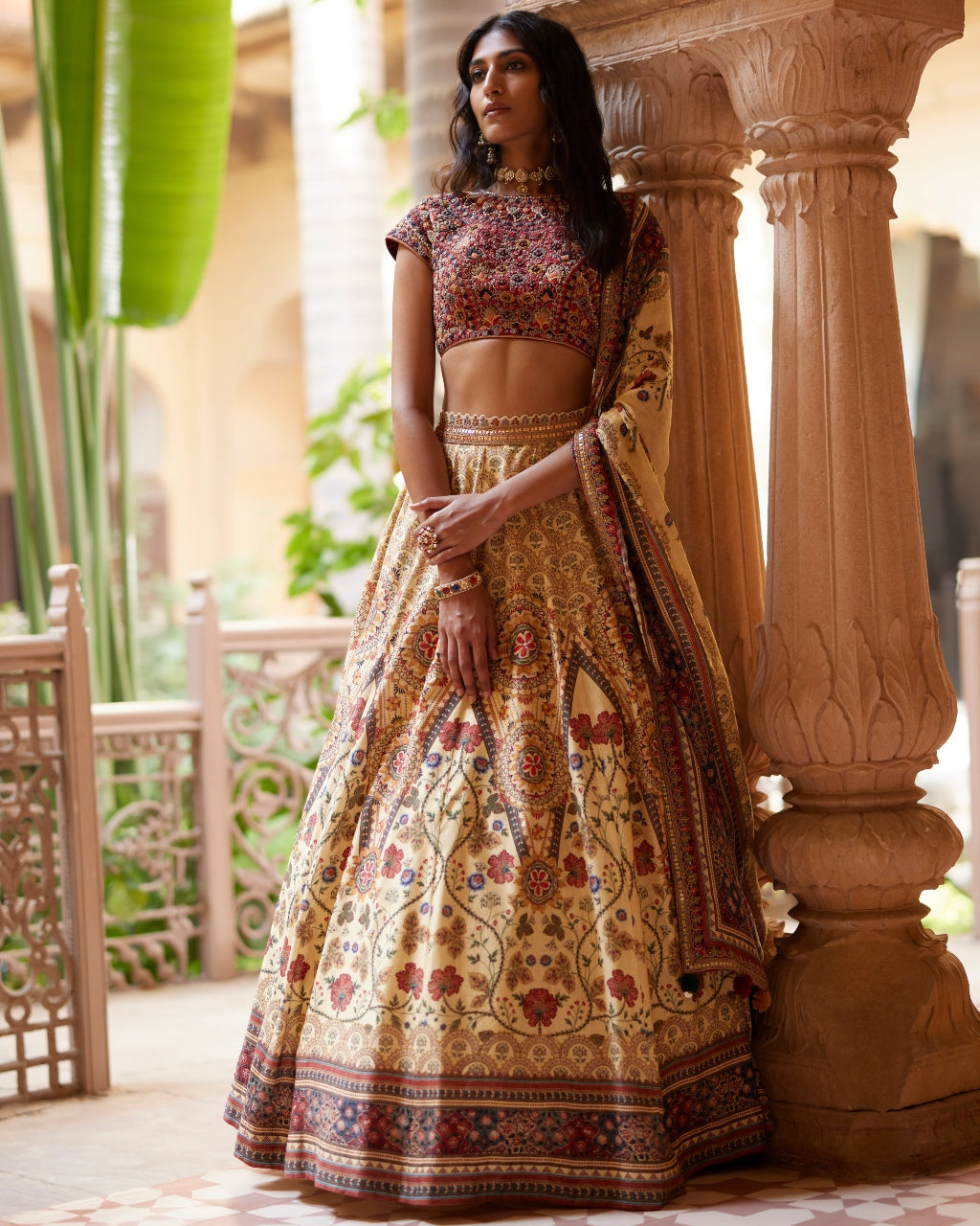 Rust Embroidered Paneled Lehengas Set