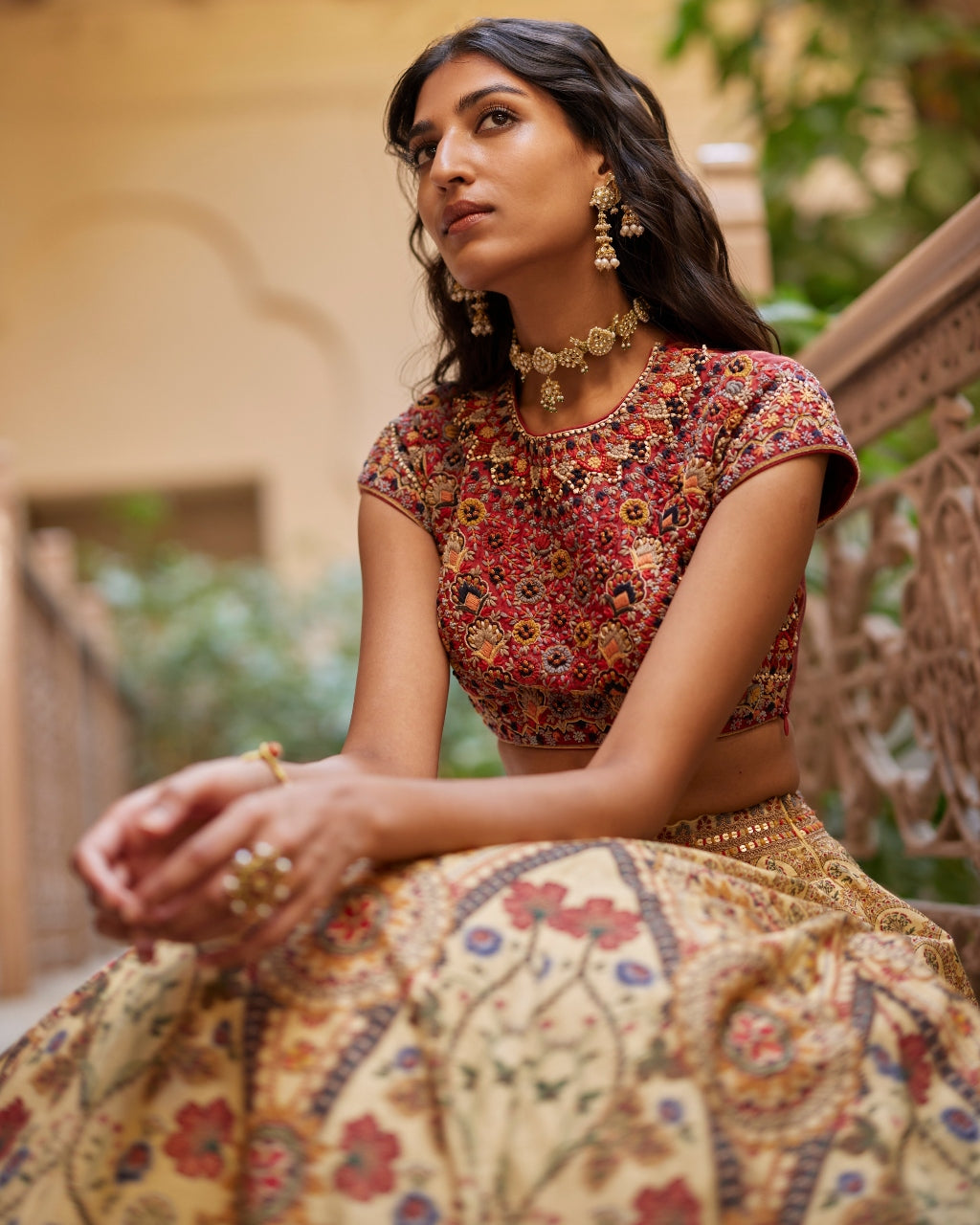 Rust Embroidered Paneled Lehengas Set