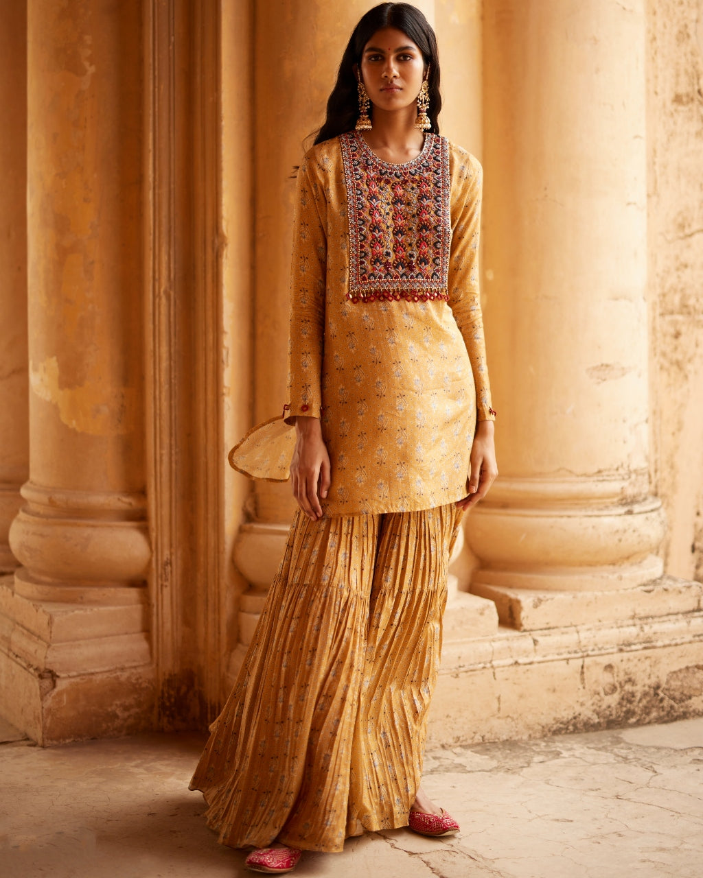 Mustard Embroidered Printed Sharara Set