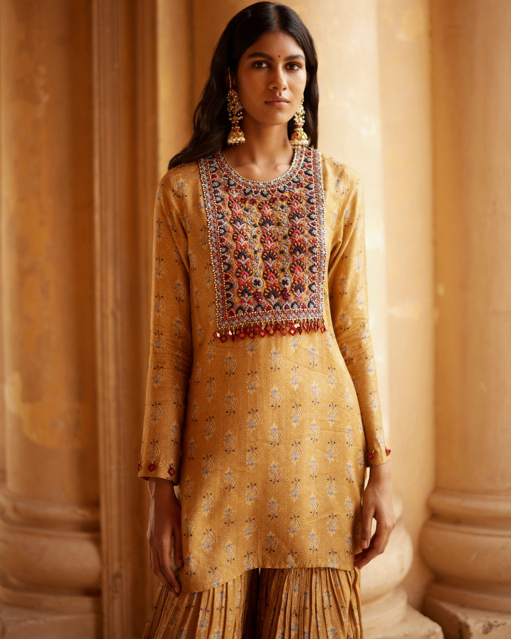 Mustard Embroidered Printed Sharara Set