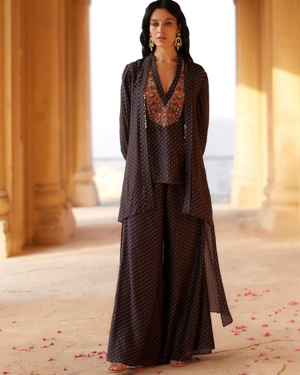 Black Embroidered Printed Tunic Set With Cape