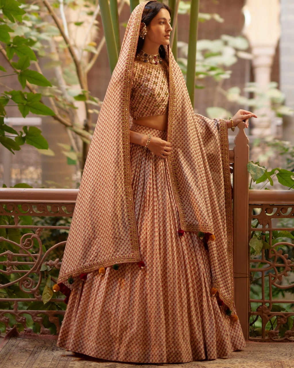 Beige Printed Highlighted Lehenga Set