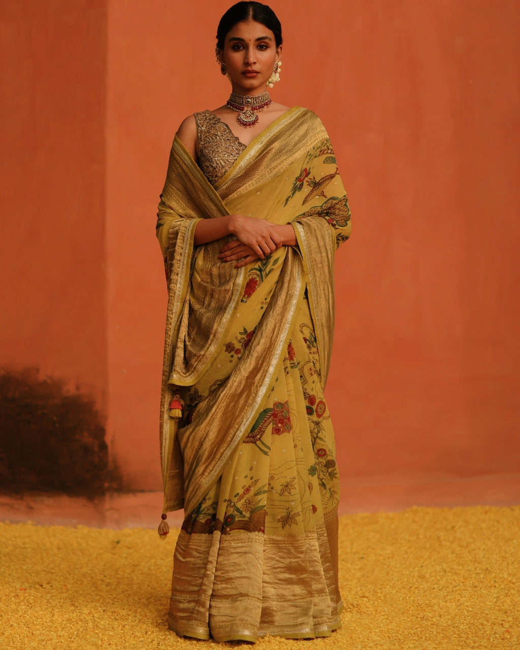 Mustard Aj Nature Inspired Hand Painted Kalam Sari