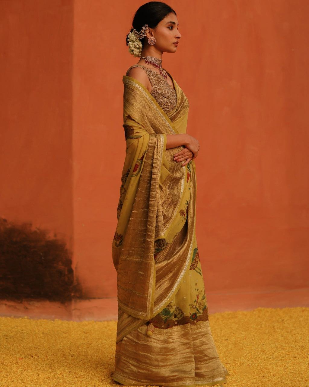 Mustard Aj Nature Inspired Hand Painted Kalam Sari