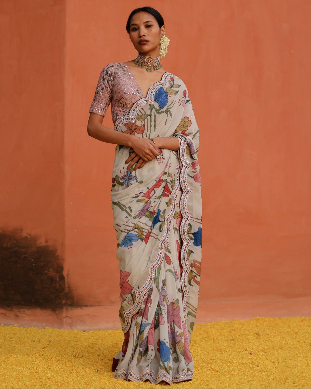 Ivory Aj Kalam Floral Sari