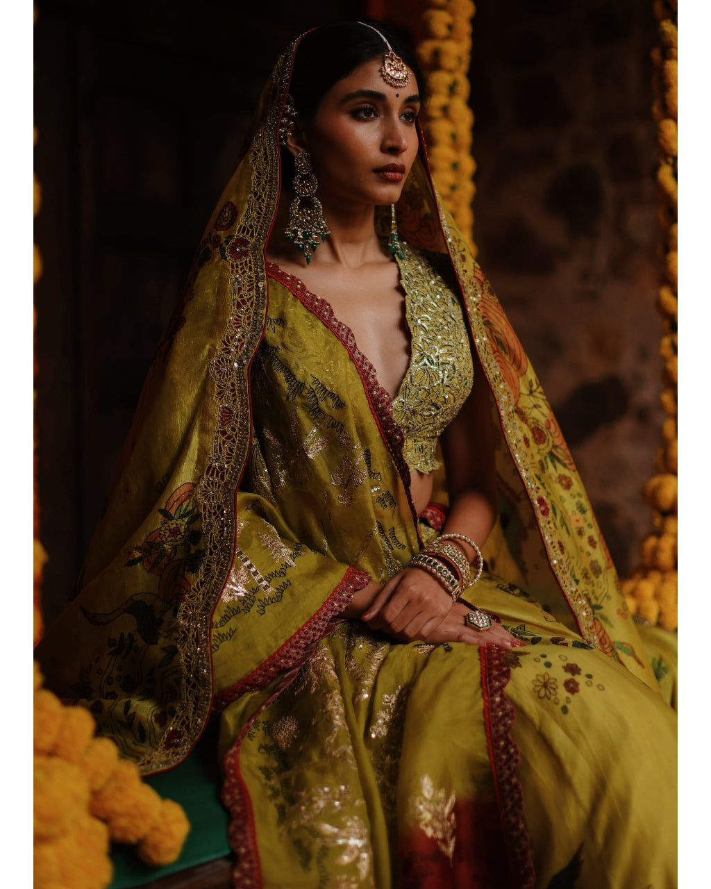 Mustard Aj Floral Kalam Lehenga Set