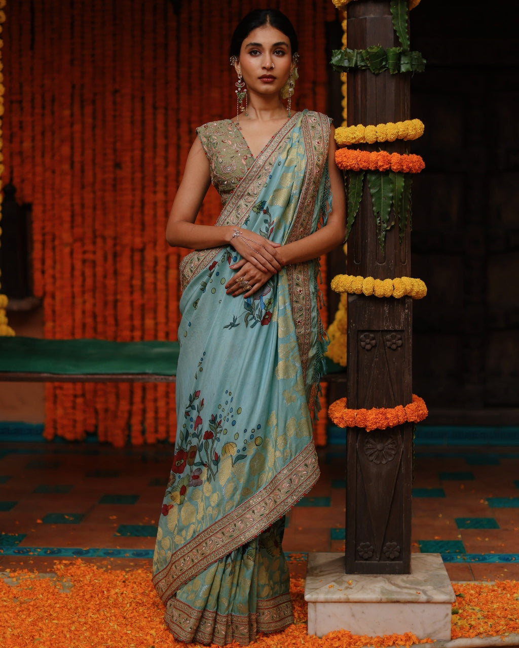 Aqua Aj Floral Kalam Sari