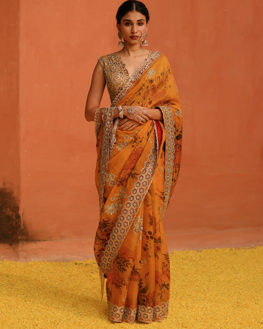 Marigold Aj Floral Kalam Sari Set