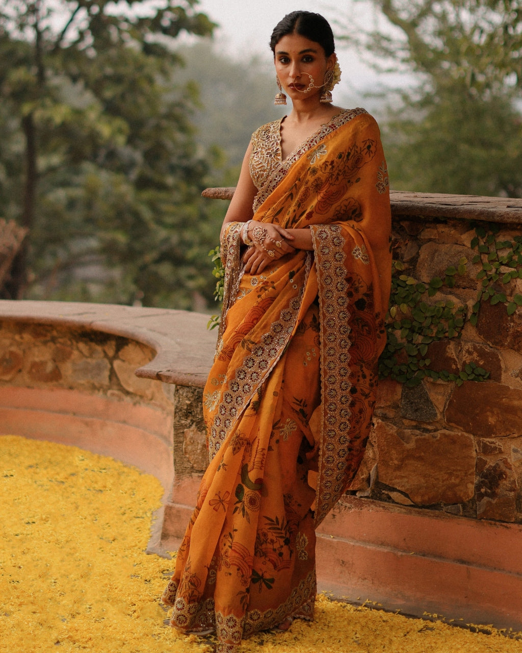 Marigold Aj Floral Kalam Sari Set