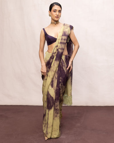 Handwoven Dark Purple & Pista Green Ombre Chiffon Digital Print Sari
