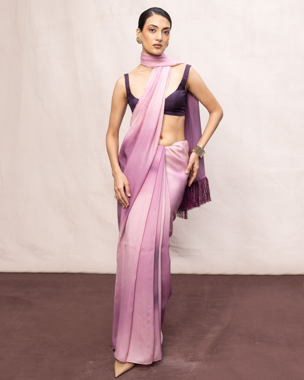 Handwoven Purple & Pink Ombre Chiffon Digital Print Sari