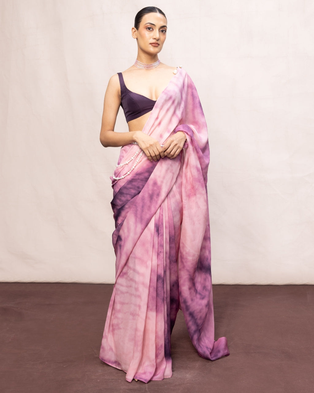 Handwoven Dark Purple & Light Pink Ombre Chiffon Digital Print Sari