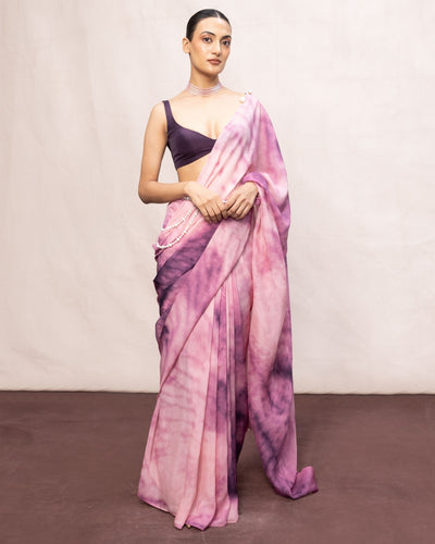 Handwoven Dark Purple & Light Pink Ombre Chiffon Digital Print Sari