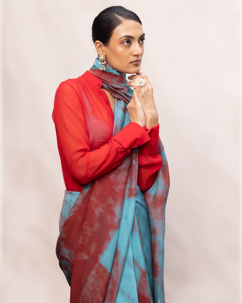 Handwoven Blue & Red Brushstroke Chiffon Digital Print Sari