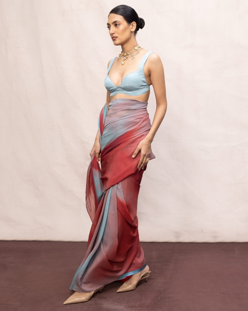 Handwoven Coral Red & Blue Ombre Chiffon Digital Print Sari
