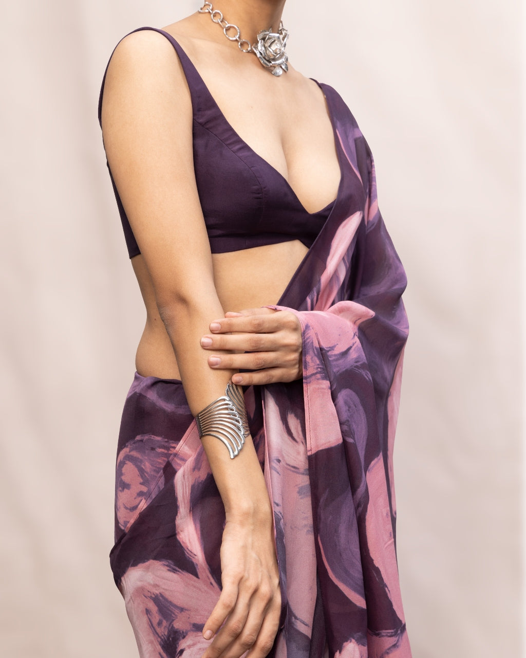 Handwoven Purple & Pink Brushstroke Chiffon Digital Print Sari