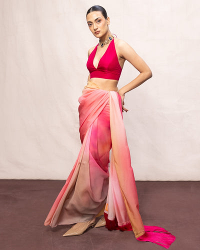 Handwoven Pink & Pista Green Ombre Chiffon Digital Print Sari