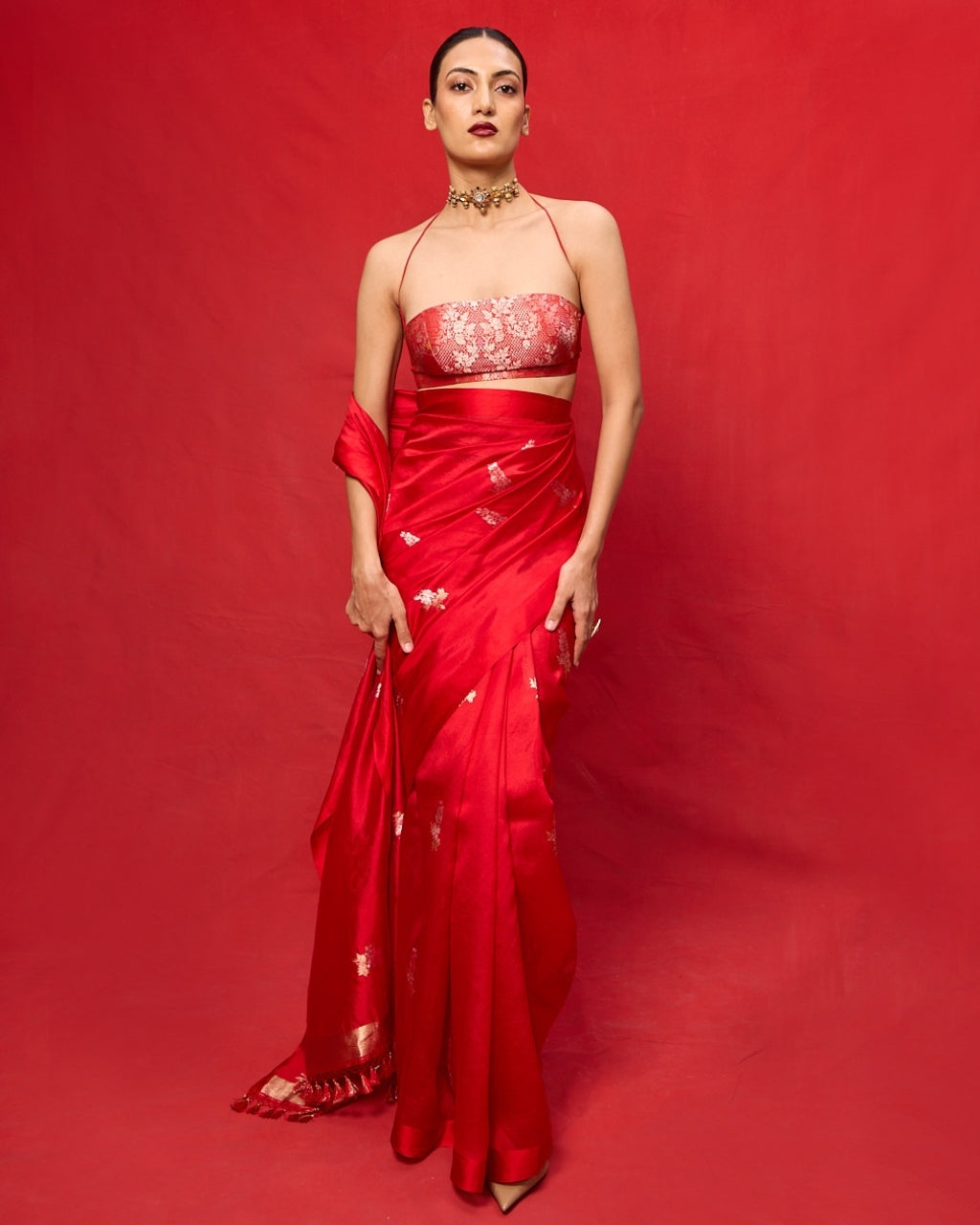 Handwoven Red Silk Embroidered Sari