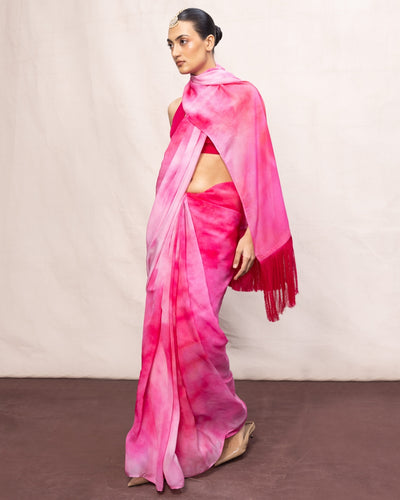 Handwoven Pink Ombre Chiffon Digital Print Sari