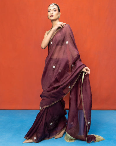 Handwoven Wine Kora Banarasi Sari