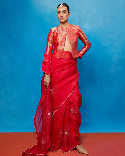 Handwoven Red Kora Banarasi Sari