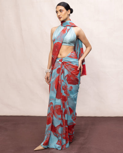 Handwoven Sky Blue & Red Brushstroke Chiffon Digital Print Sari