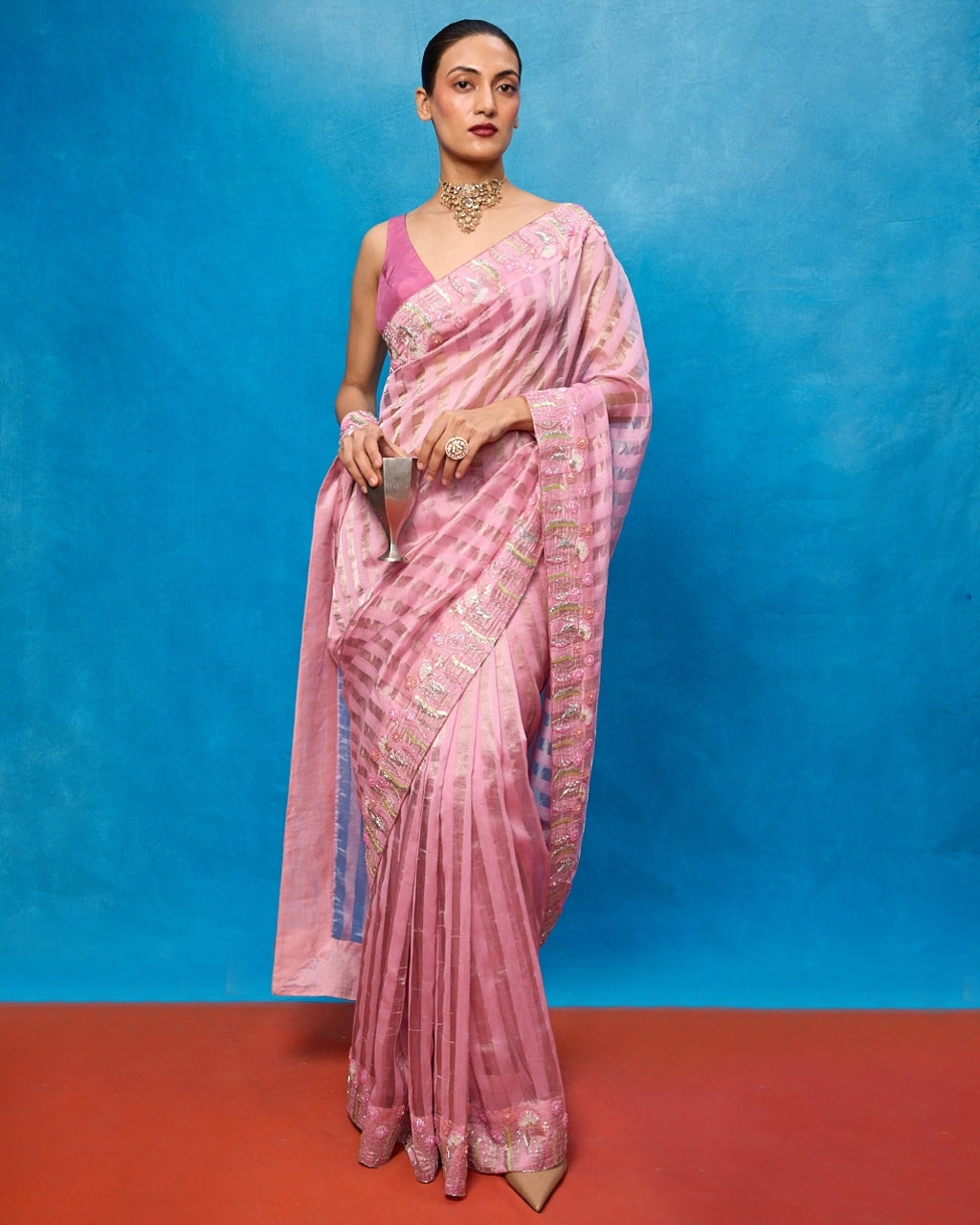 Handwoven Pink Tissue Embroidered Sari