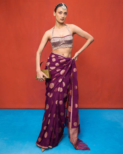Handwoven Wine Chiffon Banarasi Sari